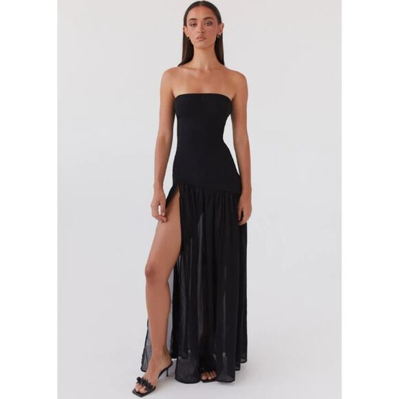 Peppermayo Eden Strapless Maxi Dress Semi Sheer Skirt High Slit Asymmetric Black - Picture 1 of 13